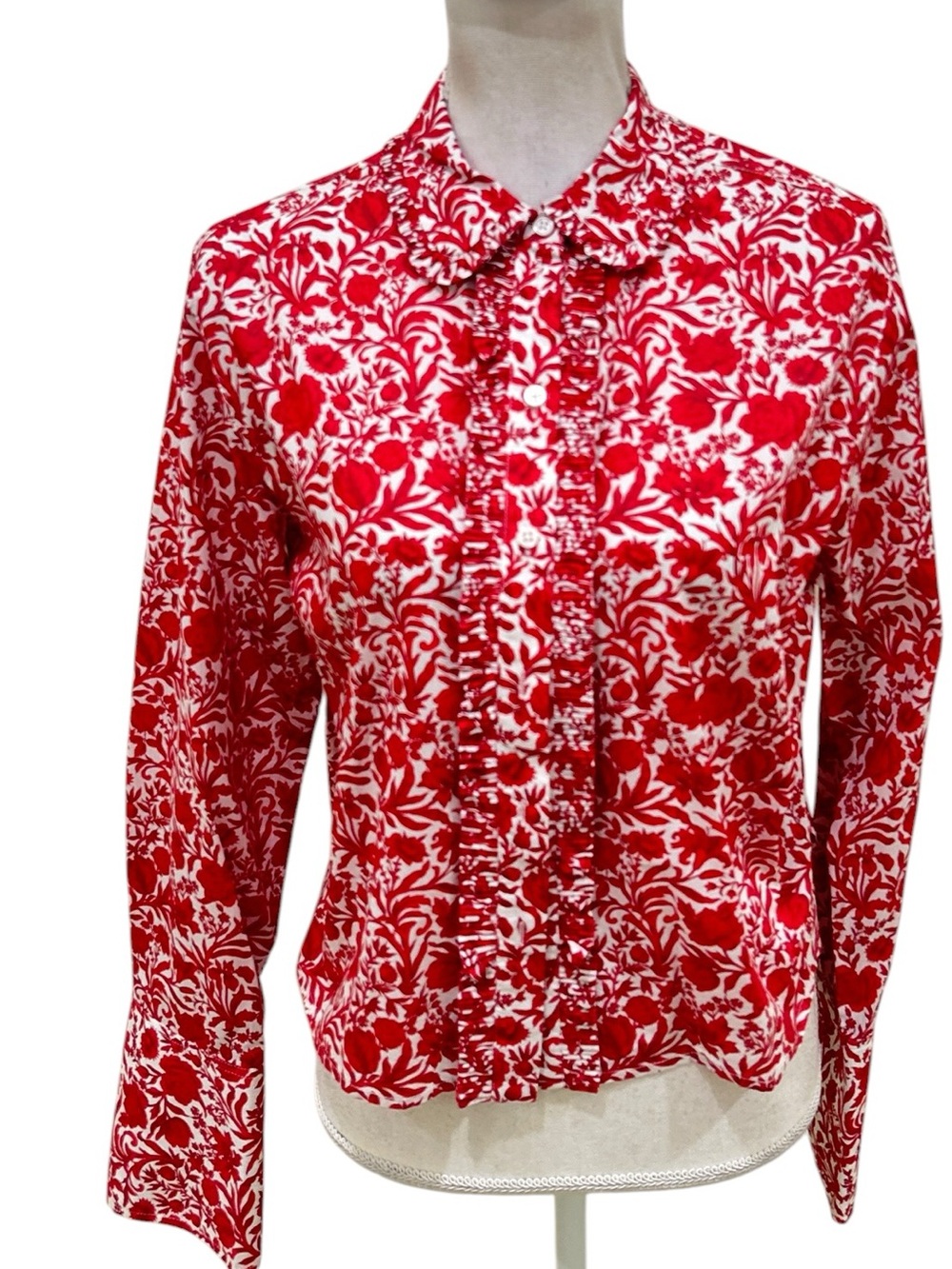 J. Crew Red & White cotton Floral Button-Down Shirt ruffle front edging size 8